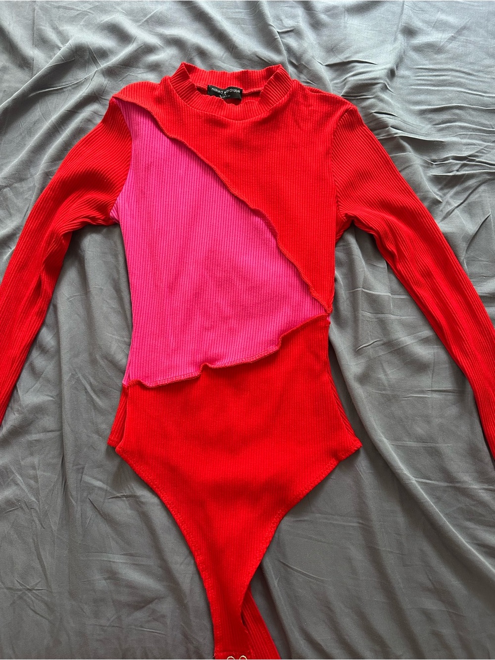 Naked Wardrobe Red & Hot Pink Ribbed Bodysuit